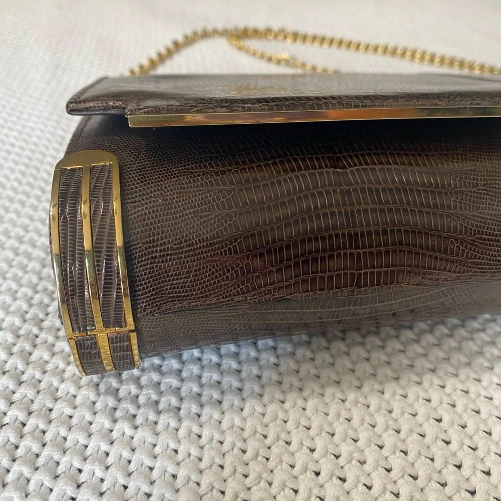 Vintage Reptile Skin Large Clutch Crossbody Gold Metal Chain